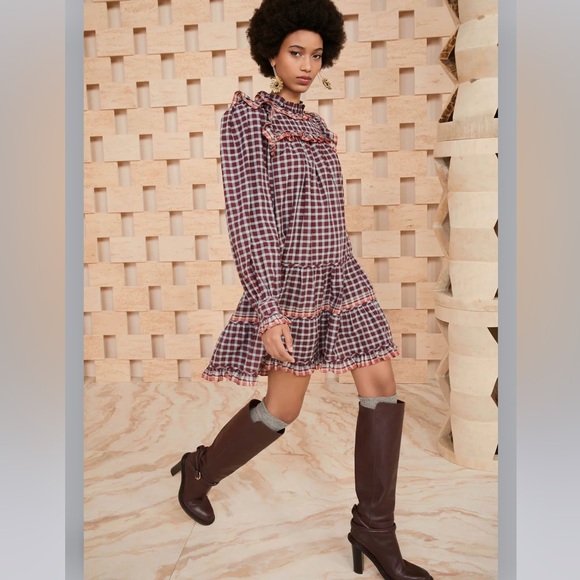Ulla Johnson Elm Dress In Dusk Checkered Poplin Ruffle Long Sleeve Plaid - Picture 1 of 9